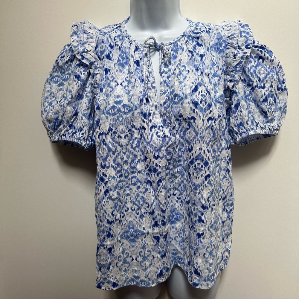 Olivaceous Blue and White Puff Sleeve Top - Picture 4 of 8